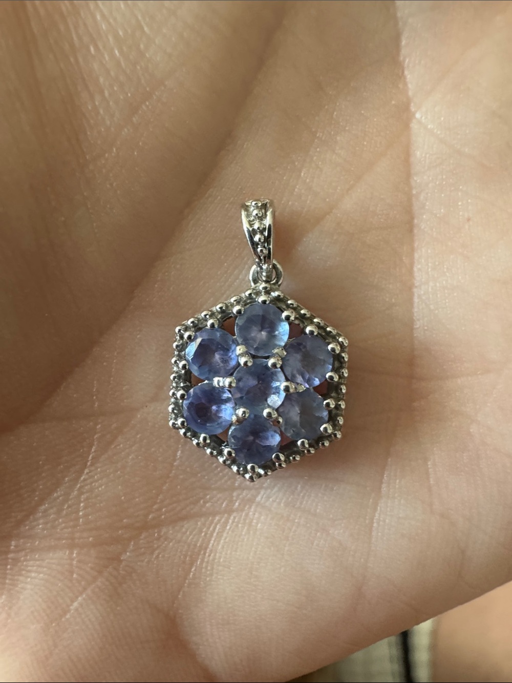 Hexagon Sterling Silver Pendant with Purple Gemstones